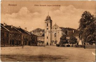 Rozsnyó, Roznava; Fő tér, Kossuth Lajos szobor, templom, Fekete Sas szálloda / main square, church, statue, hotel