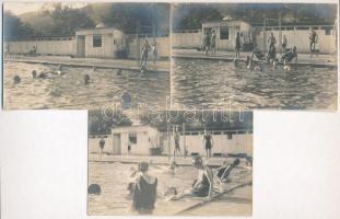 1925 Resica, Resita; strand, fürdőzők a medencében / spa, bathing people in the swimming pool - 3 db eredeti fotó képeslap / 3 original photo postcards