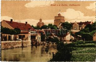 1915 Lajtabruck, Bruck an der Leitha; Leithapartie / látkép a Lajta partjáról, Prugg kastély (Harrach kastély). J. P. Will. No. 1718. / Leitha riverside, castle