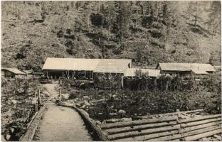 Retyezát, Retezat; Kendeffy menedékház, fatelep. Adler Oszkár fényképész / chalet, tourist hut, rest house, lumber yard