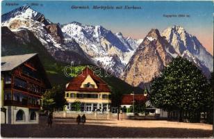 1927 Garmisch-Partenkirchen, Marktplatz mit Kurhaus, Alpspitze, Zugspitze / market square, spa, mountain peaks