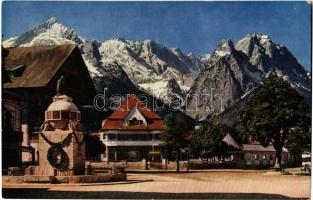 1927 Garmisch-Partenkirchen, Marktplatz mit Alp- und Zugspitze / market square, mountain peaks
