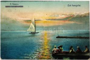 1914 Balaton, esti hangulat, evezős csónak, vitorlás (ázott sarkak / wet corners)