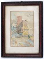 Szlima jelzéssel: Ókori jelenet, akvarell, papír, paszpartuban, üvegezett fa keretben, 18x12 cm