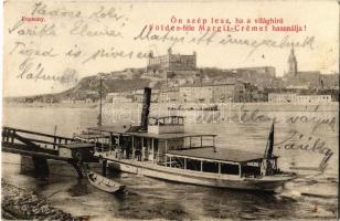 1906 Pozsony, Pressburg, Bratislava; ingahajó a várral. Ön szép lesz, ha a világhírű Földes-féle Margit Cremet használja! / shuttle boat with castle, Face cream advertisement