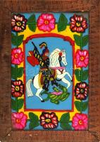 Jelzés nélkül: Sárkányölő Szent György. Erdélyi festett üveg ikon, fa keretben, 39×27,5 cm