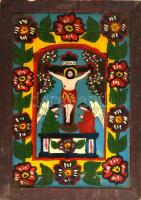 Jelzés nélkül: Krisztus a kereszten. Erdélyi festett üveg ikon, fa keretben, 39×27,5 cm