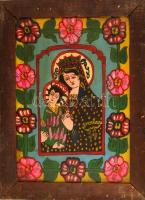 Jelzés nélkül: Mária a kis Jézussal. Erdélyi festett üveg ikon, fa keretben, 39×27,5 cm