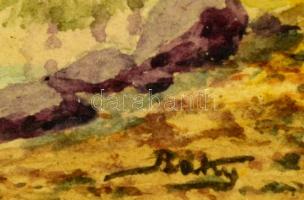 Ráky jelzéssel: Oázis épületekkel. Akvarell, papír, üvegezett keretben, 5×10,5 cm