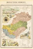 Maros-Torda vármegye közigazgatási térképe (Marosvásárhely), színezett fametszet, paszpartuban, plexizett fa keretben, 34,5×23 cm