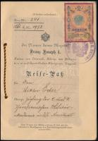 1909 Osztrák-Magyar Monarchia német nyelvű útlevele, Éder Győző (1890-1980) cs. és kir. katonai akadémiai kadét, későbbi huszártiszt részére, osztrák 2 K. okmánybélyeggel, pecsétekkel, francia bejegyzéssel, kissé dohos.