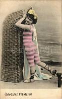 1905 Hévíz. üdvözlet fürdőruhás hölggyel a strandról