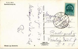 1941 Tolna, Szentháromság tér és szobor, templom, Tolnavidéki Takarékpénztár, kerékpárosok, csoportk...