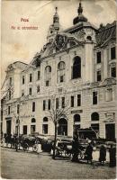 1907 Pécs, Új városháza, Paunz Jakab Fia, Vigan Károly és Dr. Vámos és Füredi üzlete, lovaskocsik, építkezés (EK)