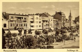 Marosvásárhely, Targu Mures; Széchenyi tér, piac, autóbusz, Splendid szálló, Kertész Rezső és Révész üzlete / market, autobus, hotel, shops