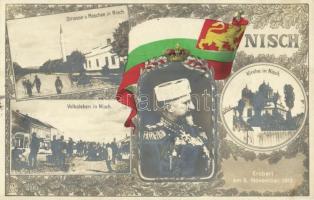 Nis, Nisch; Strasse und Moschee, Volksleben, Kirche. Erobert am 5. November 1915 / Ferdinand I of Bulgaria, Memorial postcard of the Bulgarian occupation. Art Nouveau, floral, flag