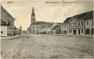 1912 Modor, Modra; Deák Ferenc tér, Posta szálloda, üzletek, templom. Kiadja May Samu / square, hotel, shops, church (EK)