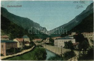 1902 Herkulesfürdő, Herkulesbad, Baile Herculane; látkép, híd, fürdő / general view, bridge, bathing house, spa hotel, baths (EK)