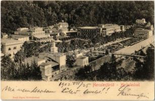 1902 Herkulesfürdő, Herkulesbad, Baile Herculane; látkép, híd, fürdő. Kiadja Emil Jäger / general view, bridge, bathing house, spa hotel, baths (EK)