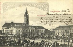 1904 Nagyvárad, Oradea; Szent László tér, piac, Általános takarékpénztár, Versenyáruház, Zálogház, Adria biztosító, Csarnok Kávéház, Dellorto K. és dohány és szivar üzlet / square, shops, cafe, savings bank, insurance company, market. Art Nouveau