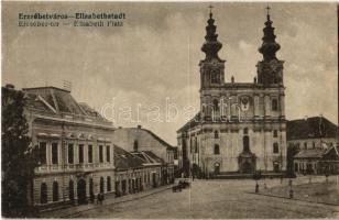 1918 Erzsébetváros, Dumbraveni; Erzsébet tér, templom, üzletek / Elisabeth Platz / square, church, shops (EK)