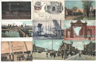 63 db RÉGI amerikai városképes lap érdekesebb lapokkal, vegyes minőségben / 63 pre-1945 American (USA) town-view postcards with interesting ones in mixed condition