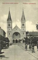 1912 Szabadka, Subotica; Szent Ferenc rendiek temploma, lovaskocsik / church, horse carts, square