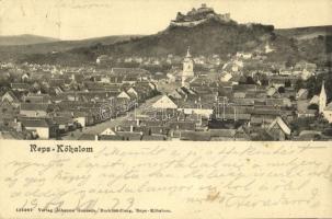 1908 Kőhalom, Reps, Rupea; látkép a templommal és várral, Fő utca / main street, church, castle (EK)