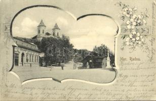 1906 Máriaradna, Radna (Lippa, Lipova); Fő utca, templom, bazár / main street, church, shop. Art Nouveau, floral (EK)