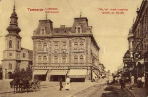 1907 Temesvár, Timisoara; Gyárváros, Görögkeleti szerb templom, Adler Ignácz lámpa, üveg és porcelán áruraktára, Csendes és Fischer, Klug János, Deutsch R. Rezső üzlete. W.L. (?) 4. / Fabrikstadt / Fabrica, Orthodox Serbian church, shops (Rb)