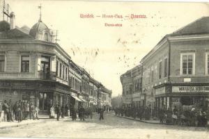 1908 Újvidék, Novi Sad; Duna utca, Ivkovits Milán és Dietzger fiai üzlete, piac. Klein Vilmos bazár kiadása / street view with market and shops (Rb)