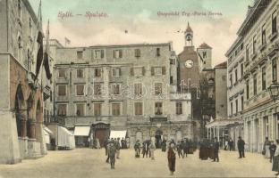 1908 Split, Spalato; Gospodski Trg / Porta ferrea / square, shops of G. Boban, Morpurgo, R. Seveglievich, clock tower
