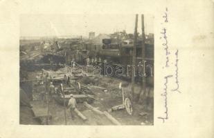 1916 Lviv, Lwów, Lemberg; az összedőlt vasútállomás romjai, gőzmozdony, katonák / WWI K.u.k. (Austro-Hungarian) military, destroyed railway station with ruins, locomotive and soldiers. photo + "K.u.K. Infanterieregiment v. Hindenburg No. 69"