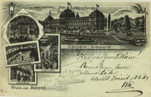 1898 (Vorläufer!) Budapest II. Szent Lukács fürdő, gyógyudvar, iszapfürdő, lépcsőház, nagyszálloda, forrástó, belső. Art Nouveau litho