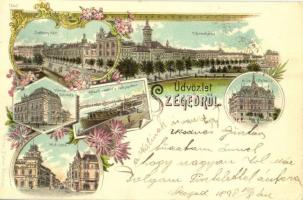 1898 (Vorläufer!) Szeged, Széchenyi tér, Híd utca, városháza, MÁV palota, Városi színház, Közúti vashíd és rakpart. Ottmar Zieher Art Nouveau, floral, litho