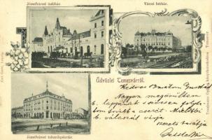 1898 (Vorläufer!) Temesvár, Timisoara; Józsefvárosi indóház és takarékpénztár, vasútállomás, Városi bérház, vasúti sín. Trautmann György kiadása / Iosefin, railway station, savings bank, tenement house, railway tracks. Art Nouveau, floral (EK)