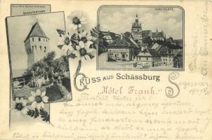 1899 (Vorläufer!) Segesvár, Schässburg, Sighisoara; Piac tér, Cipészek bástyája. Fritz Teutsch / Schusterturm, Marktplatz / tower, market square. Floral