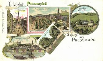 1899 (Vorläufer!) Pozsony, Pressburg, Bratislava; Mihály utca, Ligetkert, Bimbóház, Sétatér, Dunapart, vár. Freistadt Emil kiadása / street, park, villa, promenade, river bank, castle. Floral, Art Nouveau, litho (kis szakadás / small tear)