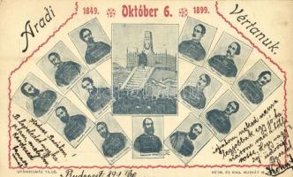 1849-1899 Arad, Aradi vértanúk 50. évforduló emléklapja. Nyomta és kiadja Muskát M. / 13 Hungarian martyrs of the Hungarian Revolution in 1848-49, 50th anniversary commemorative card