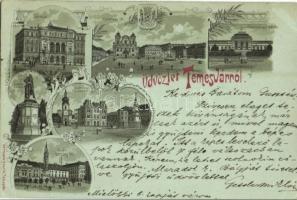 1898 (Vorläufer!) Temesvár, Timisoara; színház, Józsefvárosi zárda, Gyárváros, Kossuth, Jenő herceg és Losonczy tér, Scudier szobor, Heinrich Uhrmann kiadása / Fabrica, theatre, squares, nunnery, monument. Art Nouveau, floral, litho