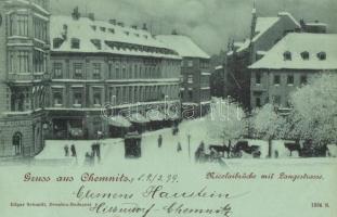 1899 Chemnitz, Nicolaibrücke mit Langestrasse / bridge, street view, restaurant, tram, winter