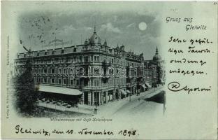 1898 Gliwice, Gleiwitz; Wilhelmstrasse mit Cafe Kaiserkrone / street viw with cafe and restaurant (EK)
