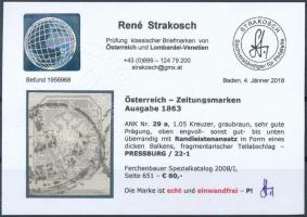 Newspaper stamp greyish brown, nice print "PRESSBURG" Certificate: Strakosch Hírlapbélyeg ...