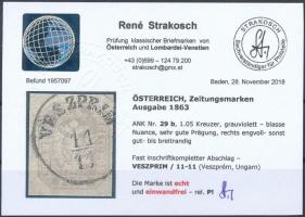 Hírlapbélyeg szürkésibolya "VESZPRIM" Certificate: Strakosch Newspaper stamp greyish viole...