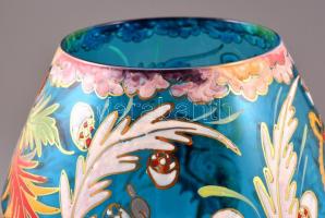 Moser Jose Cire Royo fújt díszváza, gazdag zománc festéssel, jelzett, kopás nyomokkal, m: 22 cm / Mo...