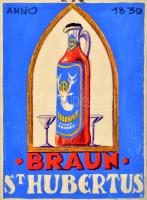 Kónya Zoltán (?-?): Braun St. Hubertus likőr, reklámplakát, üvegezett fa keretben, 28×19 cm + a rekl...