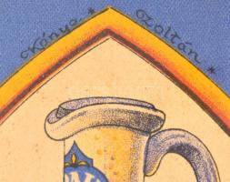 Kónya Zoltán (?-?): Braun St. Hubertus likőr, reklámplakát, üvegezett fa keretben, 28×19 cm + a rekl...