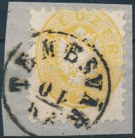 2kr sárga, extrém elfogazással, fejjel lefelé álló dátum  "TEMESVÁR", 2kr yellow with strongly shifted perforation "TEMESVÁR" inverted date