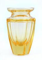 Moser borostyánsárga váza, formába öntött, jelzett, alján karcolásokkal, m: 12,5 cm / Moser yellow vase, with hallmark, with small scratches at the bottom