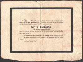 1853 Linz, Carl von Wolnhoffer (1790-1853) cs. és kir. ny. altábornagy német nyelvű halálozási értesítője, hajtásnyomokkal, a hátoldalán ceruzás jegyzetel./ 1853 Linz, death notice of Carl von Wolnhoffer (1790-1853) fieldmarshal-lieutenant, in German language.